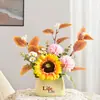 Decoración de Flores Artificiales Arreglo de Flores de Girasol Pequeño Macetero Plástico Ramo Decoración de Sala de Estar Mesa de Comedor Decoración de Planta Verde