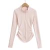 7555-24 Otoño Nueva Camiseta de Manga Larga con Cintura Plisada, Cálida, con Forro Polar, Estilo Europeo y Americano, para Otoño/Invierno