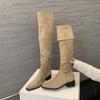 Botas de Montar Gruesas Caqui Elegantes de Tacón Alto hasta la Rodilla para Otoño e Invierno 2026 Botas de Gamuza Botas Largas Botas Arrugadas Calzado para Mujer