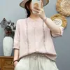 Camisa de Gasa de Algodón de Doble Capa con Cuello en V y Mangas Medias para Mujer, Empalme Artístico de Encaje Estilo Francés, Top Suave y Amigable con la Piel de Algodón Puro de Media Manga