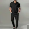 Verano Nuevo Estilo Europeo y Americano Comercio Transfronterizo Comercio Exterior Conjunto de Traje para Hombre Color Sólido Waffle Solapa Manga Corta Cremallera Pantalones Largos
