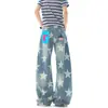 Jeans retrô americano com blocos de cor, bolso de estrela e foice para homens, calça casual solta de perna larga com design exclusivo