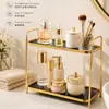 Estante de Almacenamiento de Vidrio de Doble Capa Negro y Dorado Organizador de Cosméticos para Tocador de Baño Estante Organizador de Escritorio de Hierro Dorado