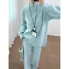 Traje de Punto Estilo Coreano de Cuello Semi-Alto Transfronterizo para Mujer, Nuevo Estilo Otoño e Invierno de Amazon, Conjunto de Dos Piezas de Pantalones Rectos y Suéter Estilo Perezoso