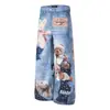69818 Vaqueros de Pierna Ancha Sueltos para Hombre Estilo Retro Americano Unisex Lavados con Estampado de Dibujos Animados 3D High Street