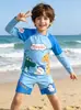 Suprimento transfronteiriço maiô infantil de manga longa com estampa de animal de desenho animado, proteção solar, secagem rápida, conjunto de praia de duas peças
