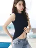 Camiseta de Gola Alta Meia-altura Feminina Sem Mangas Camiseta Básica Estilo Novo Verão 2022 Slim-fit Cor Sólida Regata de Algodão com Manga Camisa