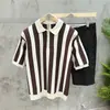 Moda Verão 2025 Camisa Masculina de Lapela com Listras Verticais Malha Tricô Estilo Retrô Britânico Camiseta Camisa Polo