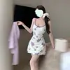 Falda corta ajustada sin mangas de verano, Falda sexy ajustada a la cintura de chica caliente de deseo puro, Camisón con tirantes estampado, Camisón para mujer con almohadilla en el pecho