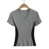DO2513-25 Primavera Novo Estilo Europeu e Americano Costura em Cor de Contraste Elástica Slim Figura Decote V Grande Camiseta de Manga Curta
