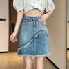 Mini Saia Jeans de Cintura Alta para Verão Feminina, Novo Estilo Fino para Verão, Saia Jeans Desfiada Evasê que Modela o Quadril 11332