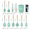 Espátula de silicone de grau alimentício em estoque, conjunto de utensílios de cozinha, colher de silicone com cabo de madeira, concha, conjunto de cozinha em caixa colorida