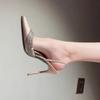 2025 Nuevos Tacones Altos de Punta Champagne Tacón de Aguja Sexy Boca Baja Diamantes de Imitación Sandalias de Correa de Seda para Mujer