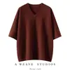 Suéter de cachemira para mujer con cuello en V y dobladillo enrollado, de manga corta, estilo jersey, color liso, corte holgado, casual, versátil, simple, tejido de punto para otoño/invierno
