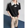 Camiseta Cruzada de Manga Corta con Cuello Camisero y Tres Rayas para Hombre y Mujer, Marca de Moda, Estilo Universitario, Camisa Polo de Media Cremallera, Top Casual con Bloques de Color