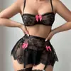 Conjunto de Sujetador Strapless de Encaje Patchwork Transparente Erótico para Comercio Exterior Europeo y Americano con Portaligas de Malla Sin Aros