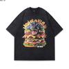 Camiseta de manga corta holgada informal para parejas, estilo vintage lavado con animación antigua, estilo europeo y americano, para hombres y mujeres.