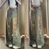 Jeans rotos de diseño retro americano para mujer, de cintura alta, holgados, de pierna recta, largos hasta el suelo, de pierna ancha para primavera, otoño y verano