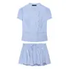 Moda feminina europeia e americana transfronteiriça AliExpress item mais vendido casual blusa listrada de manga bufante + minissaia de cintura média color block