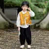 Conjunto Hanfu de Outono para Meninos Novo Estilo Chinês para Crianças, Fantasia de Performance de Outono, Traje Tang Infantil Estilo Chinês Colete Conjunto de Três Peças