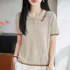 Camiseta de Mujer de Verano 2026 Nueva de Tencel Lino Cuello Solapa Tejida Manga Corta Hueca Bloque de Color Ajuste Holgado