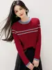 Tricô Listrado com Fio Cardado Color-blocking Elegante Outono/Inverno Novo Ajuste Slim Valorizador Manga Longa Gola Redonda Cor Contrastante Camada Base