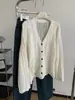 Cárdigan de Punto Crochet Hueco Color Blanco Crudo Retro Suave de Otoño para Mujer, Cuello en V con Bordes Rizados, Suéter de Hilo de Algodón, Abrigo Casual