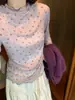 Top HERS em camadas estilo coreano com estampa floral, criando um visual suave e descontraído; Camiseta de manga comprida para mulheres, inverno 2026