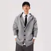 Suéter cárdigan de punto gris de peso pesado para hombres y mujeres en otoño e invierno, moderno, corte limpio, versátil, holgado, con capucha, engrosado