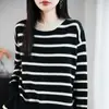 Outono/Inverno 2026 Novo Gola Redonda Tricô Grosso Cor Andy Velvet Color Block Listrado Dividido Pulôver Solto Top Básico para Mulheres