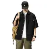 Camisa de trabalho estilo japonês de manga curta para homens, fresca e estilosa, verde militar, streetwear moderno, top de camisa de meia-manga