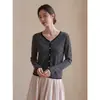 Elegante Cardigan de Tricô com Listras Cor de Café e Decote em V para Mulheres, Moda Outono Vintage Solto de Manga Longa Curto