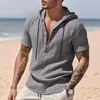 2026 Verão Transfronteiriço Amazon Camisa Casual Masculina 3D Cor Lisa Manga Curta com Capuz Cordão Plissado Cardigã Tendência