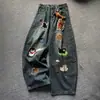 Parche de Dibujos Animados Personalizado de Fábrica Gato y Perro Bordado en Toalla Jeans para Mujer, Corte Holgado, Lavado Vintage Azul Estilo Americano Pantalones Scimitar