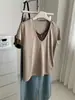 Estilo Verano Relajado Parche Fino Falso Dos Piezas Cuello en V Manga Corta Mujer Estilo Coreano Holgado Transpirable Algodón Copo de Nieve Adelgazante Camiseta