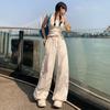 Pantalones cargo retro americanos con cordón y pernera ancha para mujer 2024 Verano Nuevo Cintura alta Holgados Jogger Pierna recta Casual