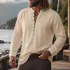 Camisa de lino casual tipo henley con cuello mao de manga larga para hombre, material de camisa, camisa vintage, camiseta de mezcla de lino, transfronteriza de Amazon