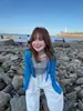 Cardigan de Tricô Azul Gelo de Seda Coreano com Proteção Solar para Mulheres, Peça de Roupa Externa Camisole de Verão, Top Curto Ajustado para Ar Condicionado