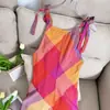Pôr do Sol Laranja Verão Xadrez Contrastante Chanfrado Suspensório In Design Feminino Slim Vestido 88018