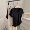 Camiseta Elegante Japonesa Huevo de Ganso Clavícula Adelgazante Cintura Fruncida Hombro Corto Manga Corta Top para Mujer Verano 2025