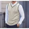 Novo colete de malha masculino sem mangas com decote V para outono e inverno, suéter quente, colete de lã liso