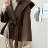 Abrigo de lana oversize estilo vintage de alta calidad de Dongdaemun, Corea, para mujer, con cuello grande, capucha y cierre de corbata.