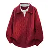 Suéter Falso Duas Peças Masculino Gola Lapela Trançado Pulôver Solto Malha Estilo Preguiçoso Malha com Gola Lapela Masculina