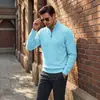 Suéter de malha masculino listrado com textura waffle para primavera e outono, de manga comprida, com meio zíper e gola alta, estilo sweatshirt americano