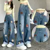 Jeans de Pierna Ancha Nuevos de Otoño para Mujer Chao Li Youhuo con Bordado de Toalla de Perro, Pantalones Largos de Pierna Recta con Parches de Cuadros y Puños