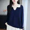 Tijeras Transfronterizas Cuello de Color Bloqueo Lana Fina Manga Larga Mujer Primavera y Otoño Nuevo Adelgazante Retro Francés Punto Básico