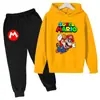 Sudadera con Estampado de Dibujos Animados Mario 2025 para Niños, Conjunto de Manga Larga, Primavera, Niños y Niñas, 2 Piezas Pantalón + Sudadera con Capucha