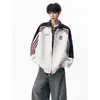 Sudadera cárdigan de color block a rayas estilo americano con cuello alto para hombre, marca de moda, chaqueta deportiva casual holgada para pareja para primavera y otoño