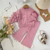 Conjunto de Suéter para Meninas Outono Inverno Novo Elegante Laço Pequeno Mangas Folhagens Tricô Top Calça Longa Conjunto de Duas Peças Roupa Infantil