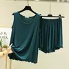Conjunto de duas peças adequado para usar por cima de outras roupas, conjunto de pijama plus size para mulheres, shorts de verão com babados, roupa para ficar em casa, regata solta de modal